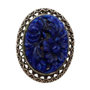 Vintage Faux Lapis Carved Resin Floral Oval Silver Tone Brooch Pendant Victorian